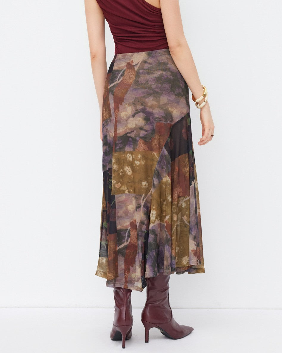 Boho Watercolour Patchwork Mesh High-Low Midi Skirt
