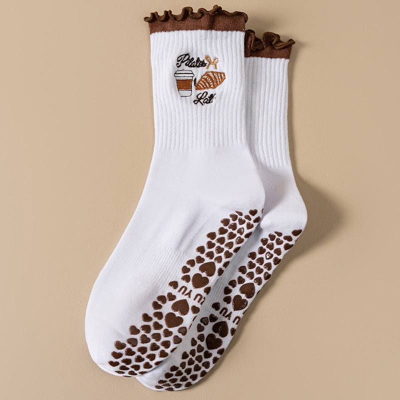 Ruffle Cuff Grip Socks With Sweet Embroidery - Coffee
