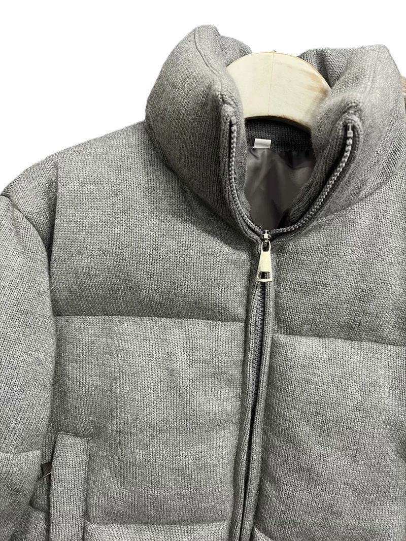 Cropped Puffer Jacket With Funnel Neck - Grey - 8
