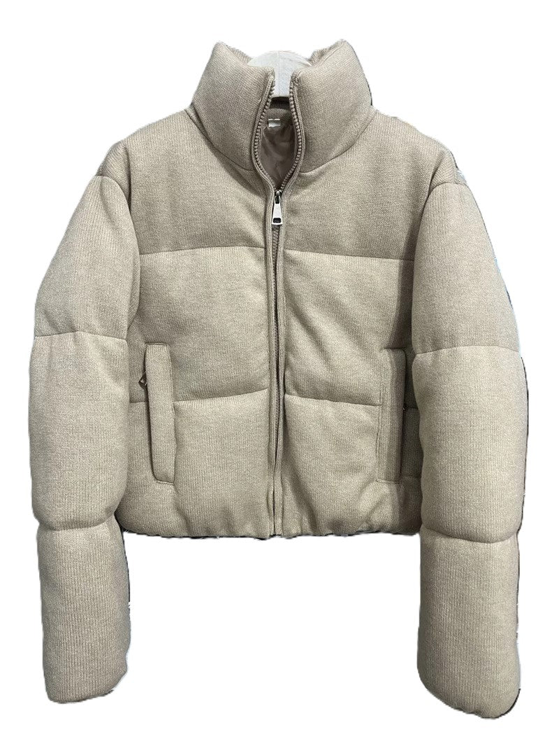 Cropped Puffer Jacket With Funnel Neck - Khaki