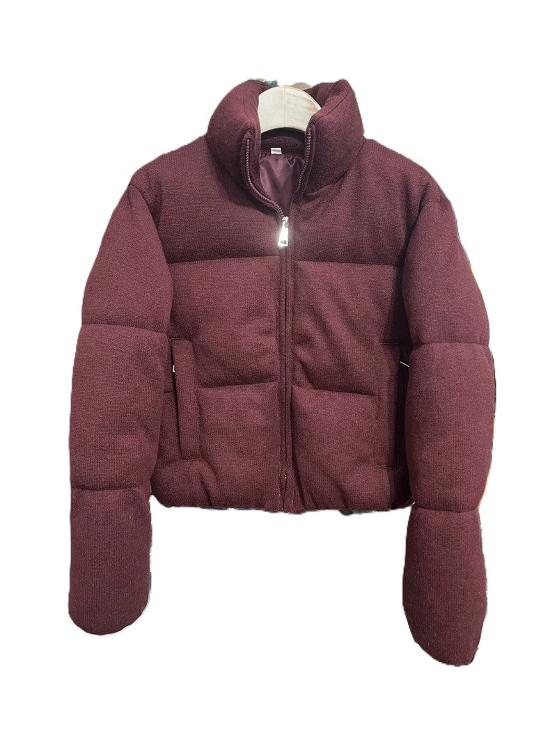Cropped Puffer Jacket With Funnel Neck - Winered
