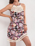 Crochet Yoke Tassel Trim Halter Mini Dress - Black