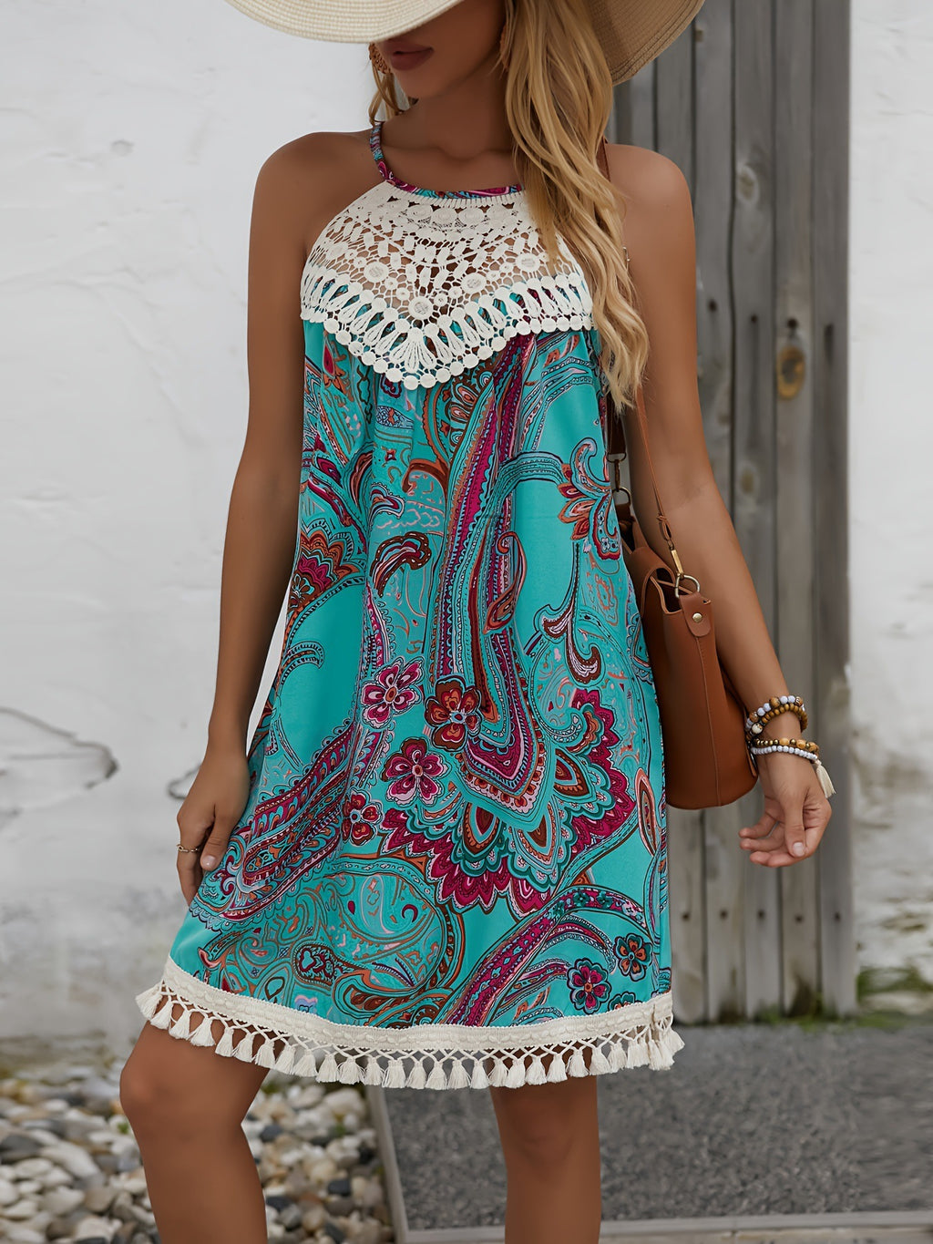 Crochet Yoke Tassel Trim Halter Mini Dress - Green