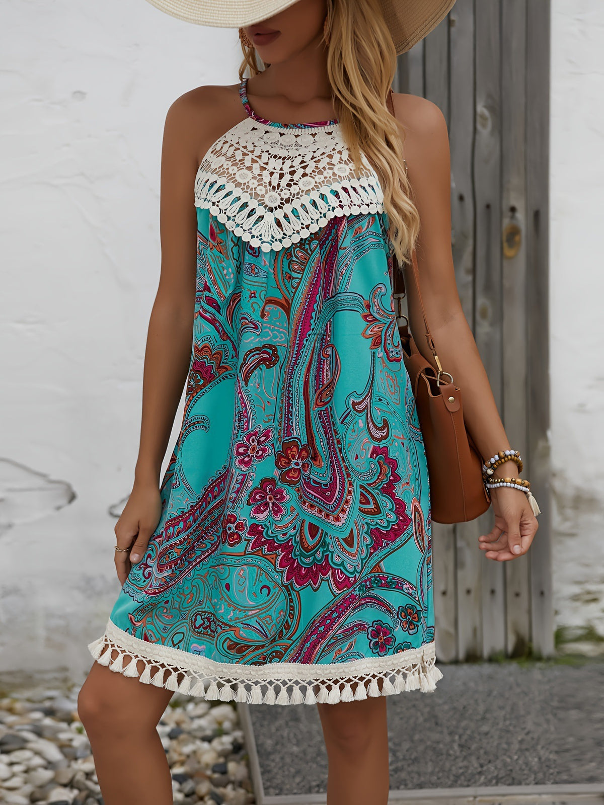 Crochet Yoke Tassel Trim Halter Mini Dress - Green