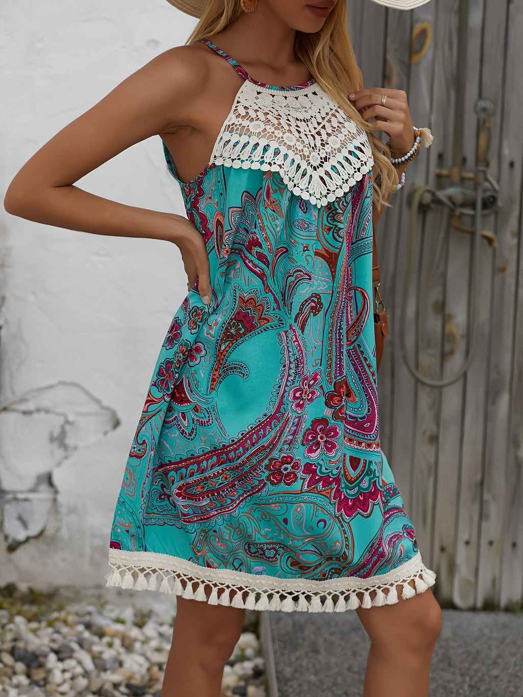 Crochet Yoke Tassel Trim Halter Mini Dress - Green - 2