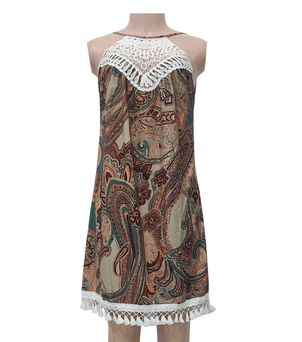 Crochet Yoke Tassel Trim Halter Mini Dress