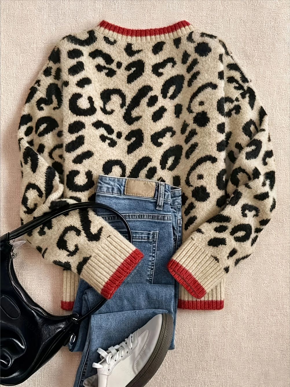 Leopard Print Contrast Trim Knit Sweater - Leopard
