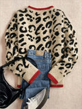 Leopard Print Contrast Trim Knit Sweater - Leopard