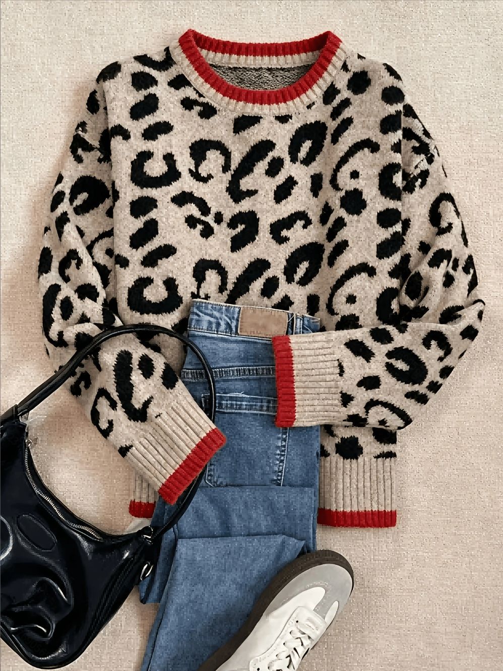 Leopard Print Contrast Trim Knit Sweater - Leopard - 1