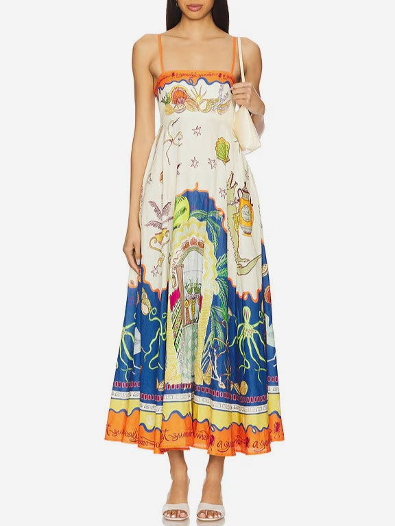 Jellyfish Print Smocked Maxi Sundress - White