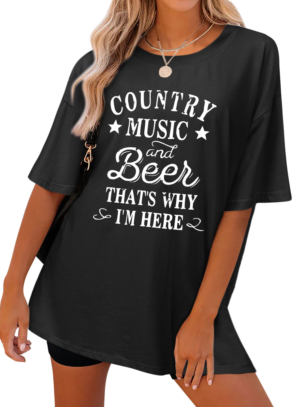 Country Slogan Print Oversized Tunic Tee - Black