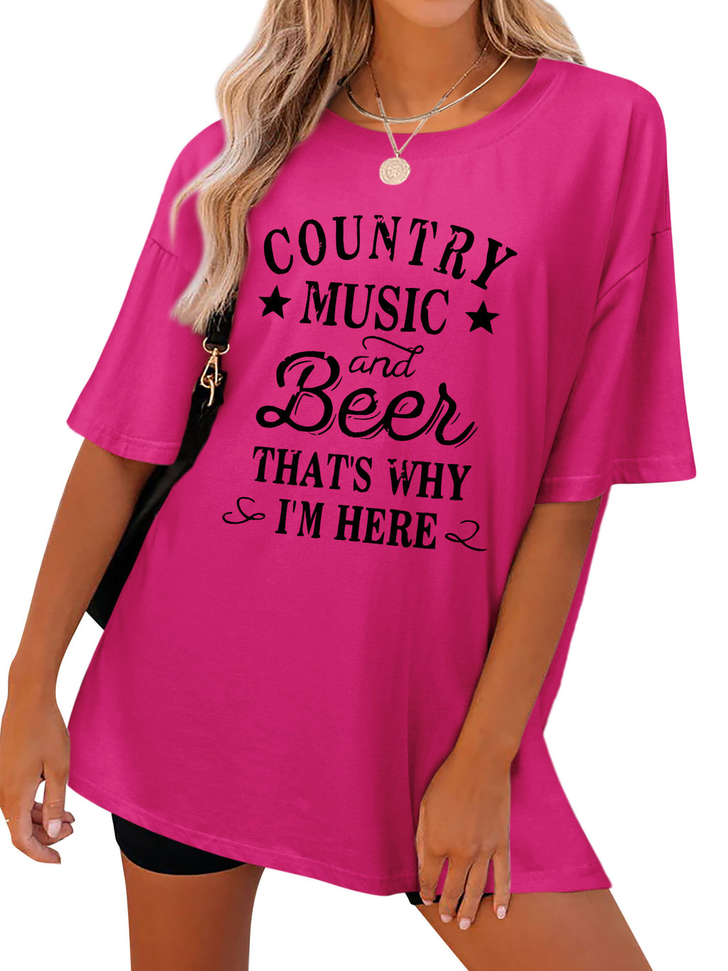 Country Slogan Print Oversized Tunic Tee - Fuchsia