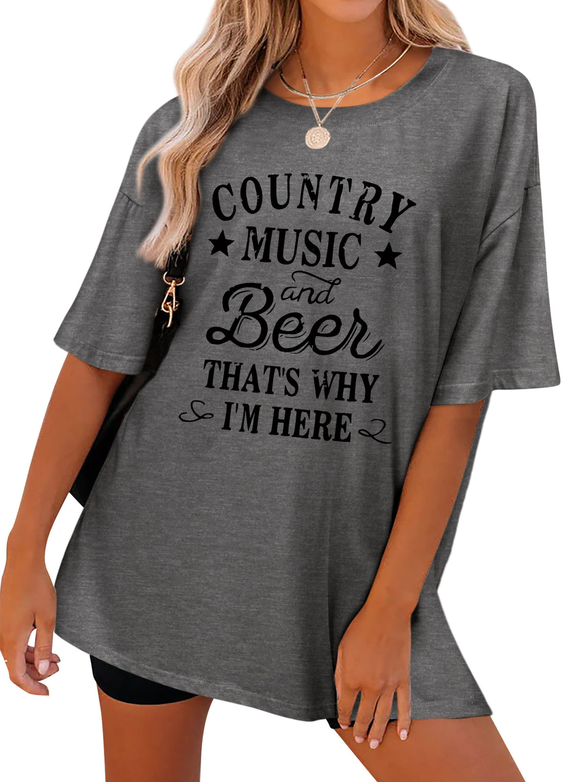 Country Slogan Print Oversized Tunic Tee - Gray