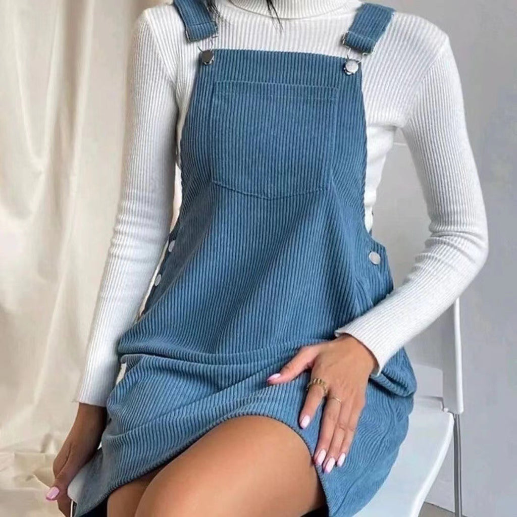 Corduroy Bib Overalls Mini Dress - Blue