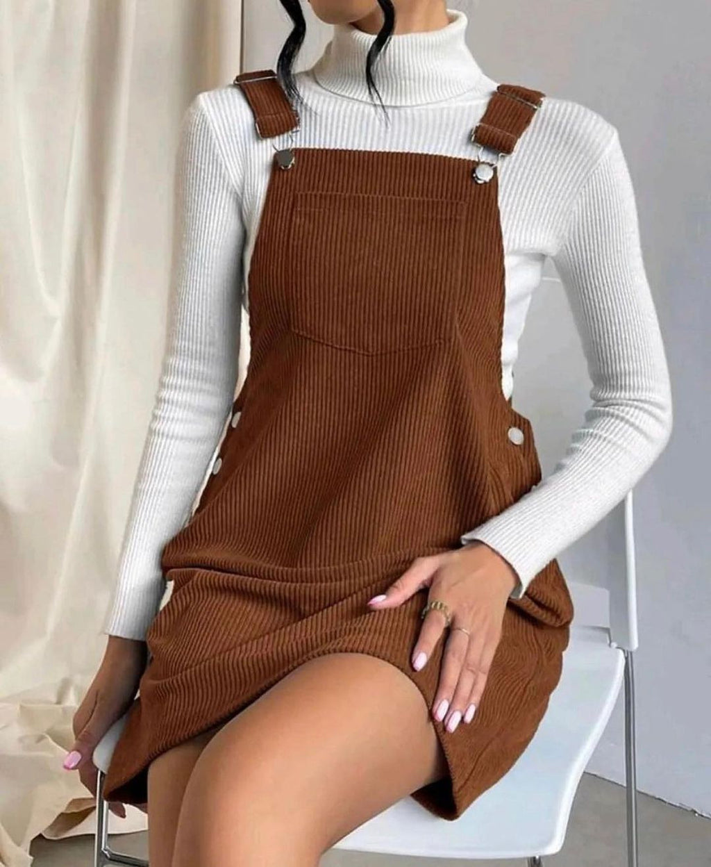 Corduroy Bib Overalls Mini Dress - Coffee