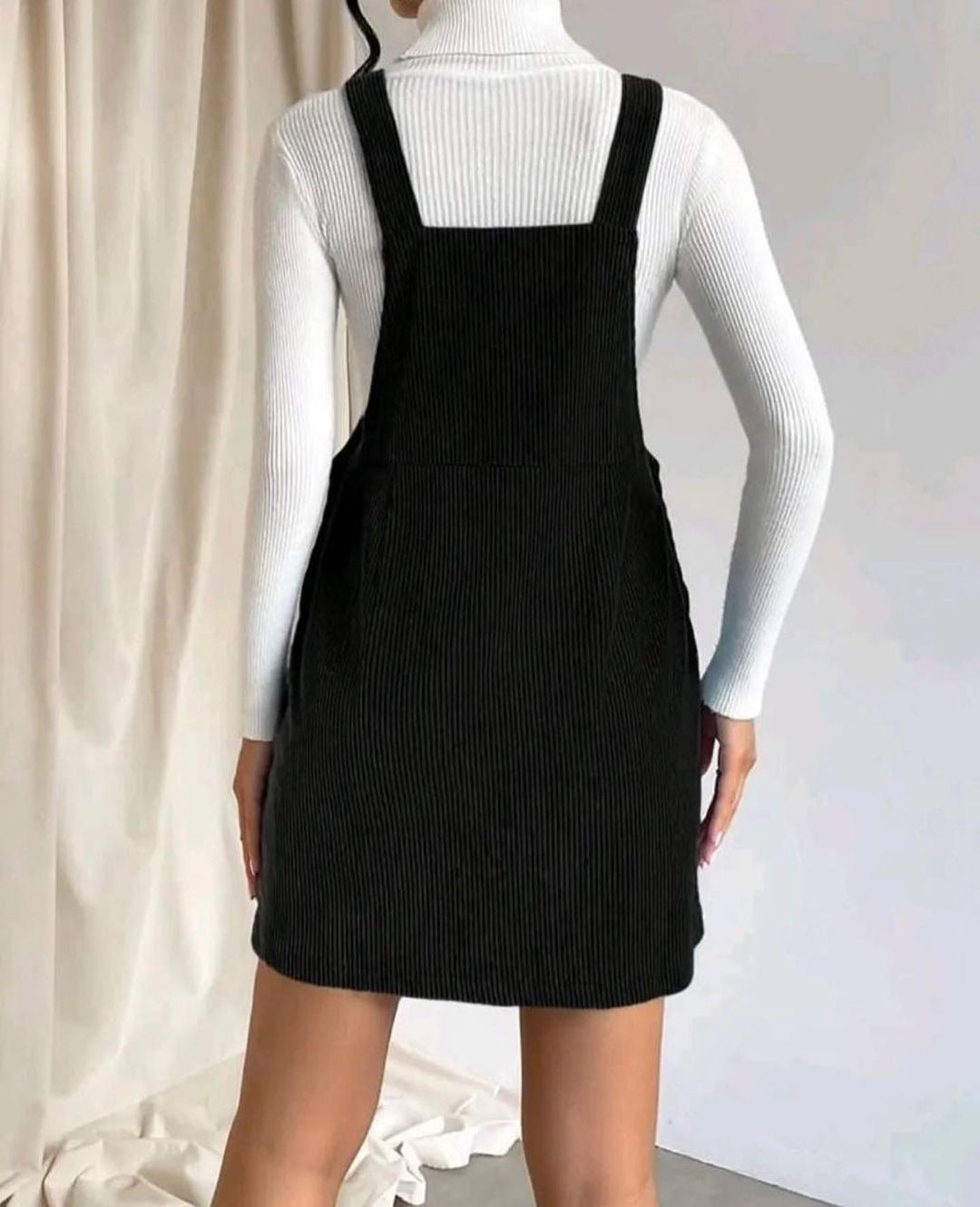 Corduroy Bib Overalls Mini Dress - black
