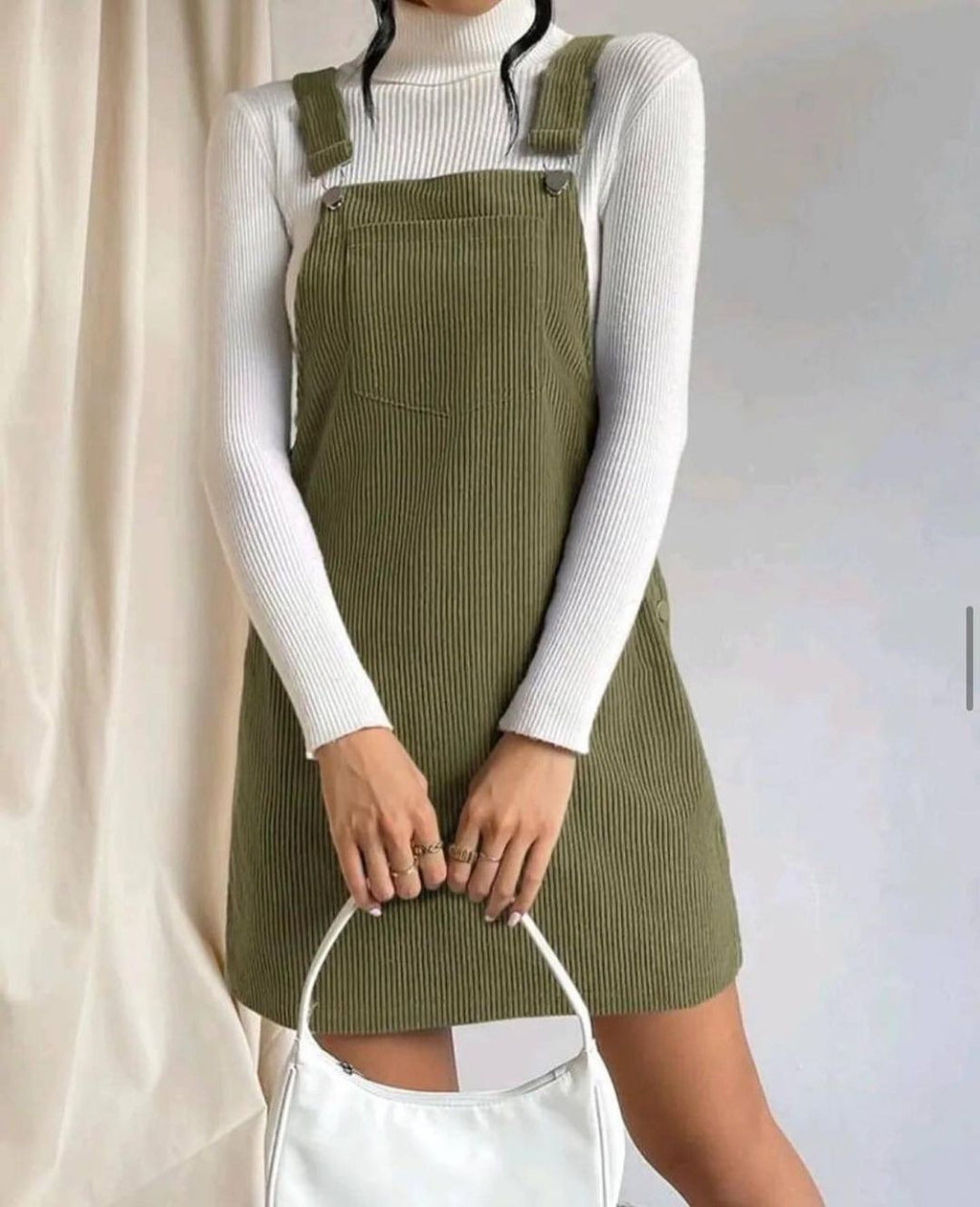 Corduroy Bib Overalls Mini Dress - green