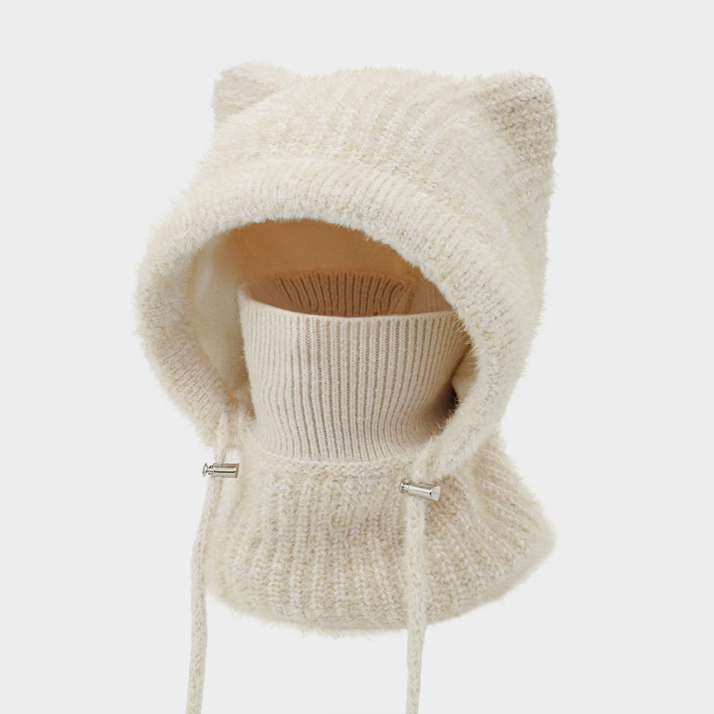 Fleece Lined Cat Ear Knit Balaclava Hood - Beige