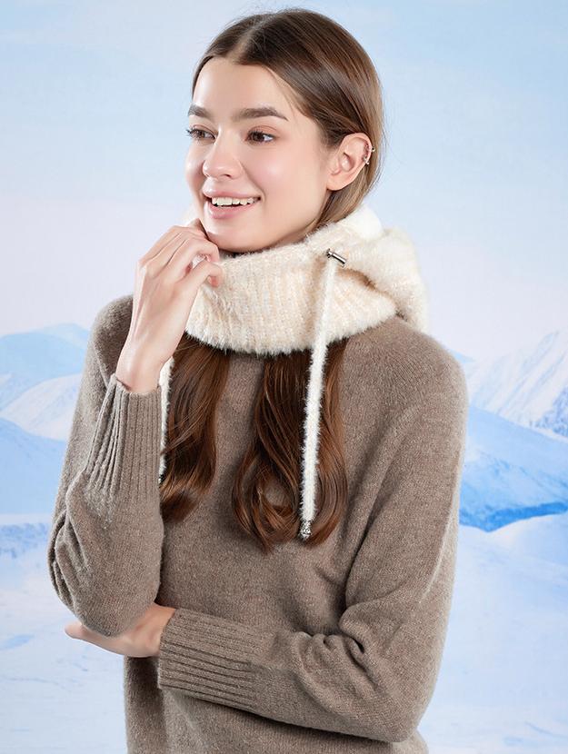 Fleece Lined Cat Ear Knit Balaclava Hood - Beige - 1