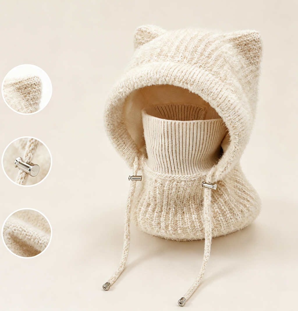 Fleece Lined Cat Ear Knit Balaclava Hood - Beige - 2