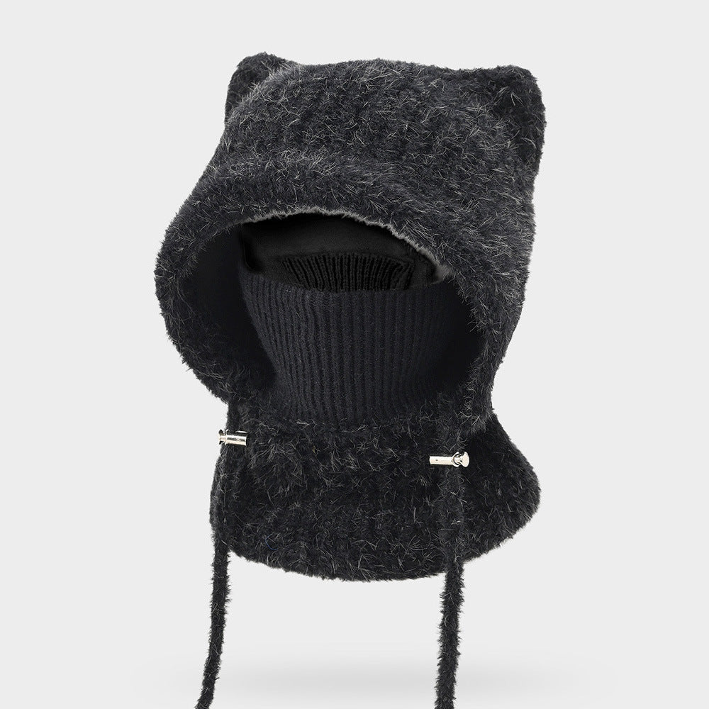 Fleece Lined Cat Ear Knit Balaclava Hood - Black