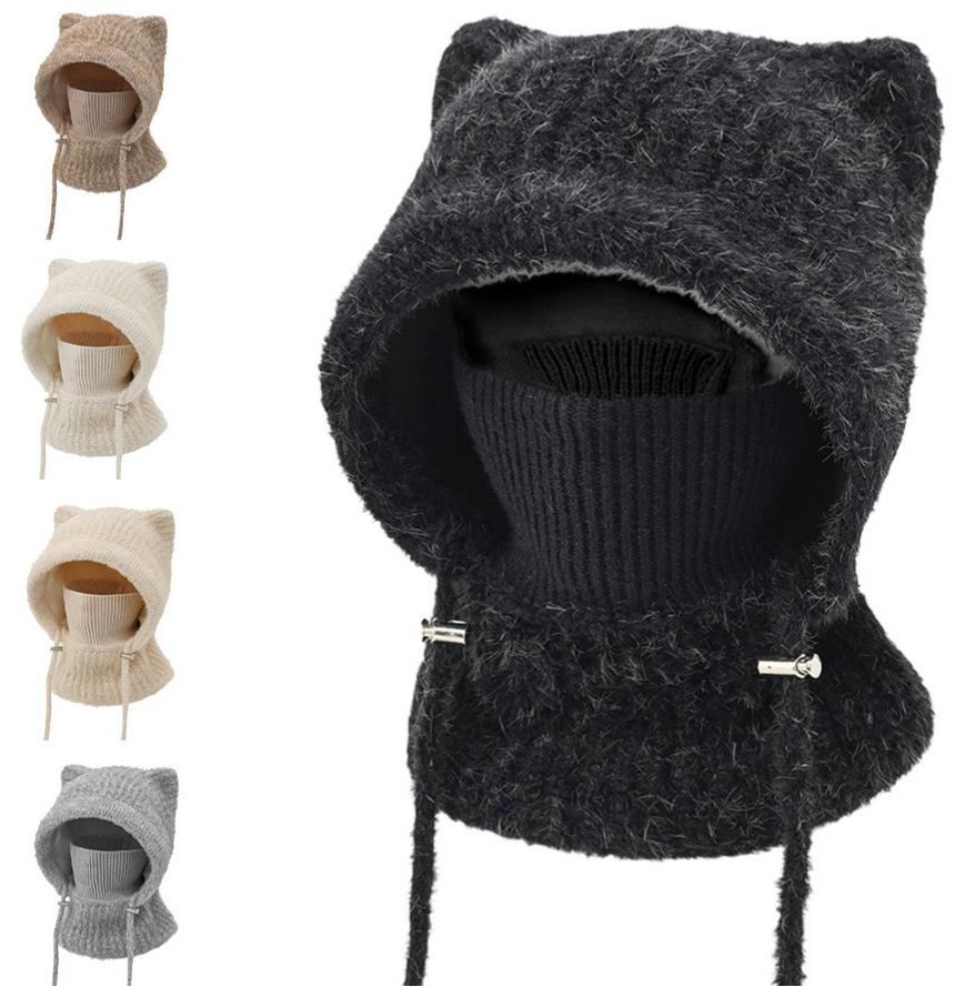 Fleece Lined Cat Ear Knit Balaclava Hood - Black - 1