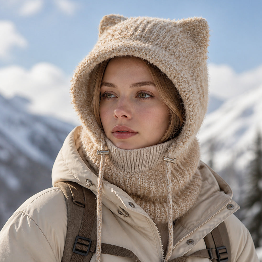 Fleece Lined Cat Ear Knit Balaclava Hood - Camel