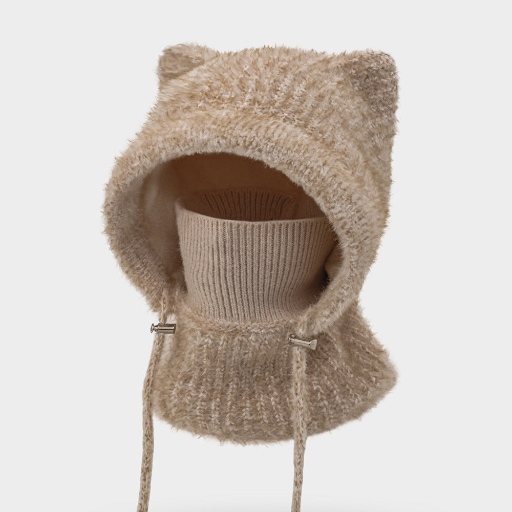 Fleece Lined Cat Ear Knit Balaclava Hood - Camel - 1