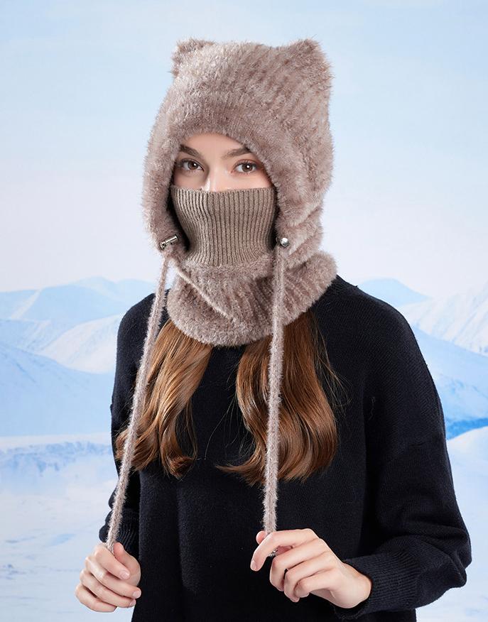 Fleece Lined Cat Ear Knit Balaclava Hood - Camel - 2