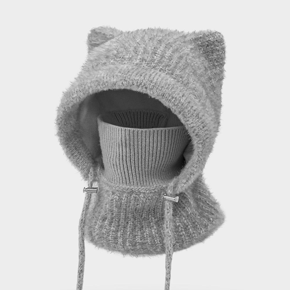 Fleece Lined Cat Ear Knit Balaclava Hood - Grey