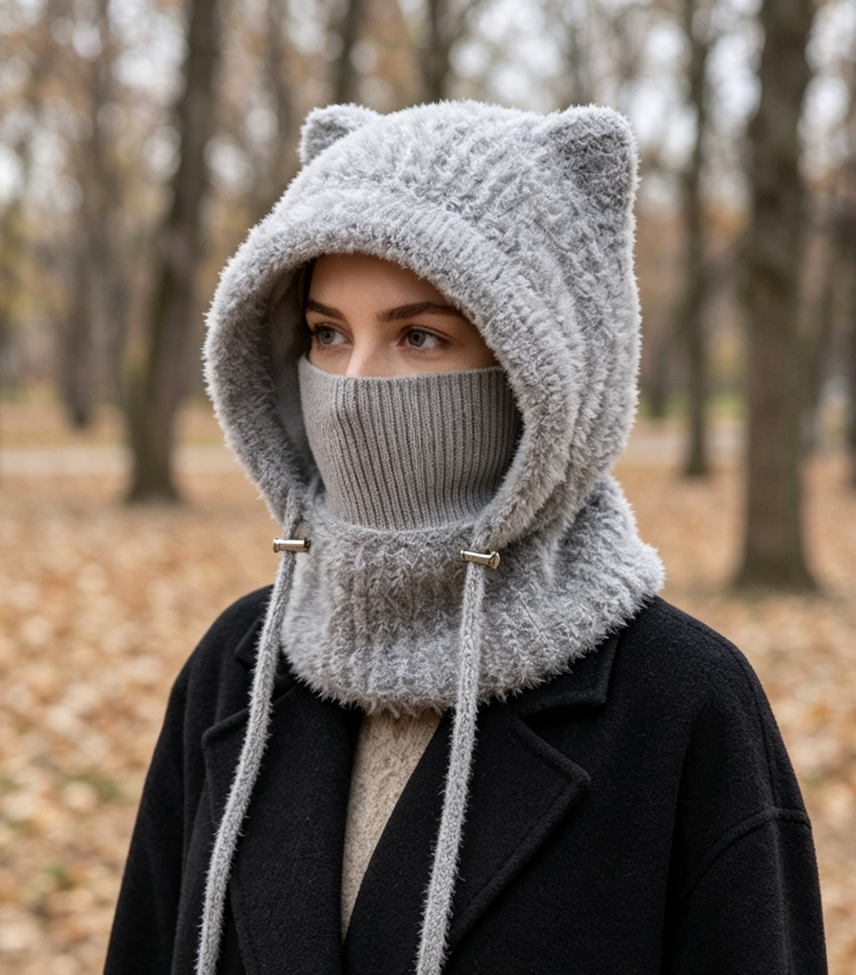Fleece Lined Cat Ear Knit Balaclava Hood - Grey - 3