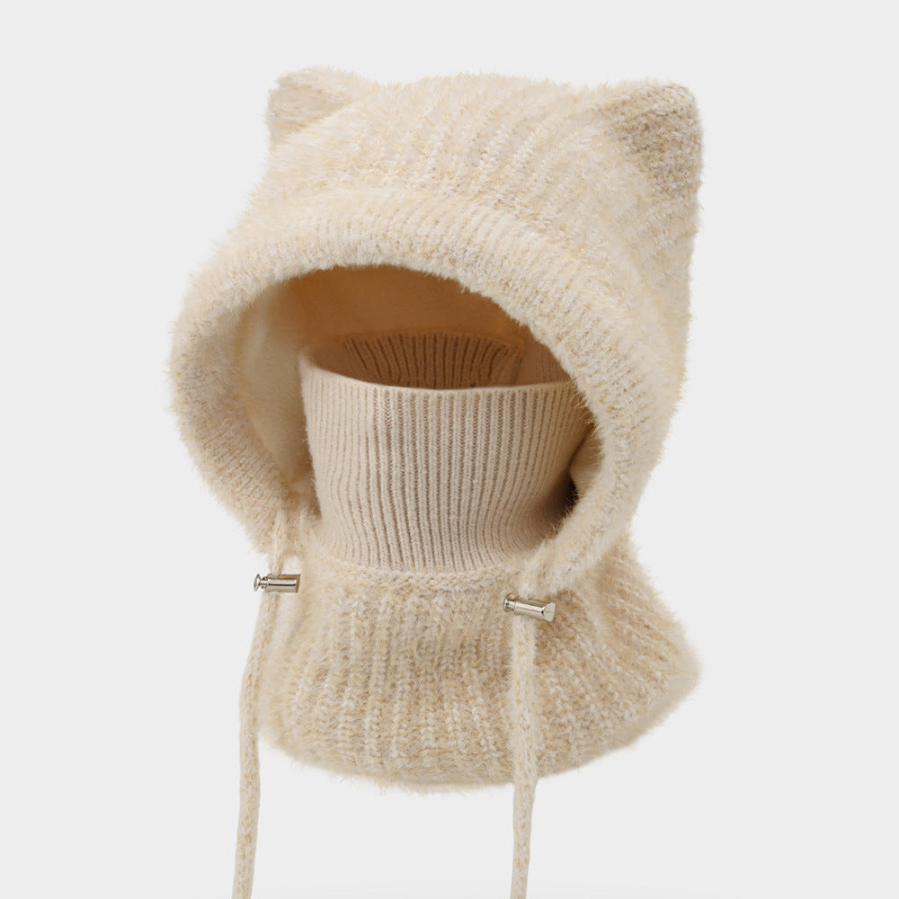 Fleece Lined Cat Ear Knit Balaclava Hood - Khaki