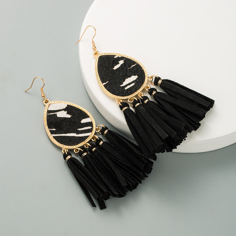 Boho Western Teardrop Earrings with Suede Fringe - Black