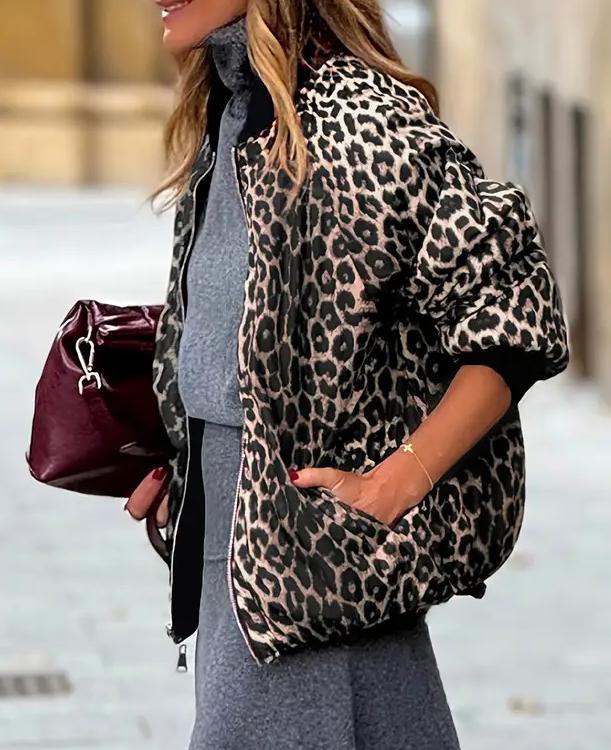 Reversible Animal Print Zip Bomber Jacket - Black - 1