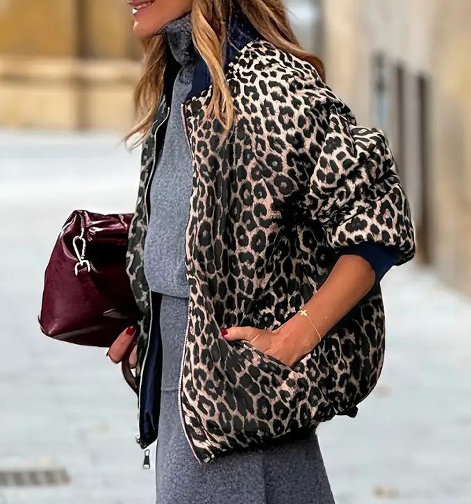 Reversible Animal Print Zip Bomber Jacket - Blue - 1