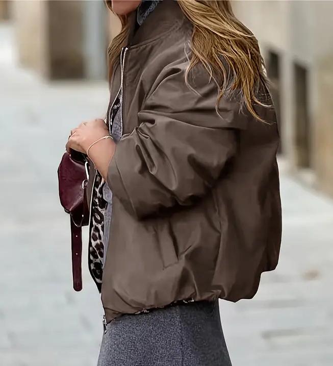 Reversible Animal Print Zip Bomber Jacket - Coffee - 2