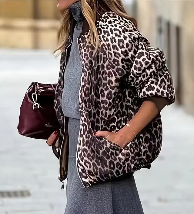 Reversible Animal Print Zip Bomber Jacket - Coffee - 3