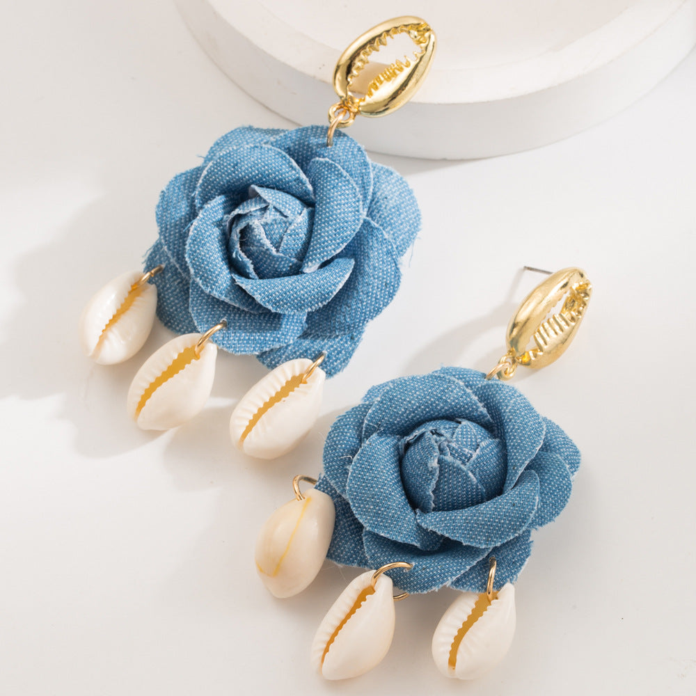 Denim Rose Cowrie Shell Drop Earrings - Blue