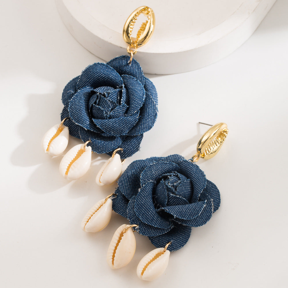 Denim Rose Cowrie Shell Drop Earrings - Darkblue