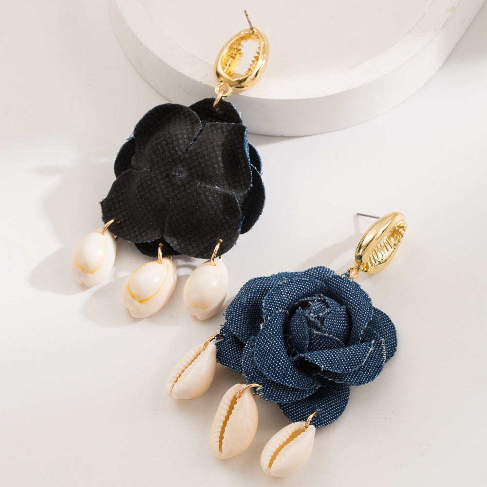 Denim Rose Cowrie Shell Drop Earrings - Darkblue - 1