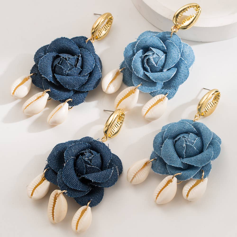 Denim Rose Cowrie Shell Drop Earrings