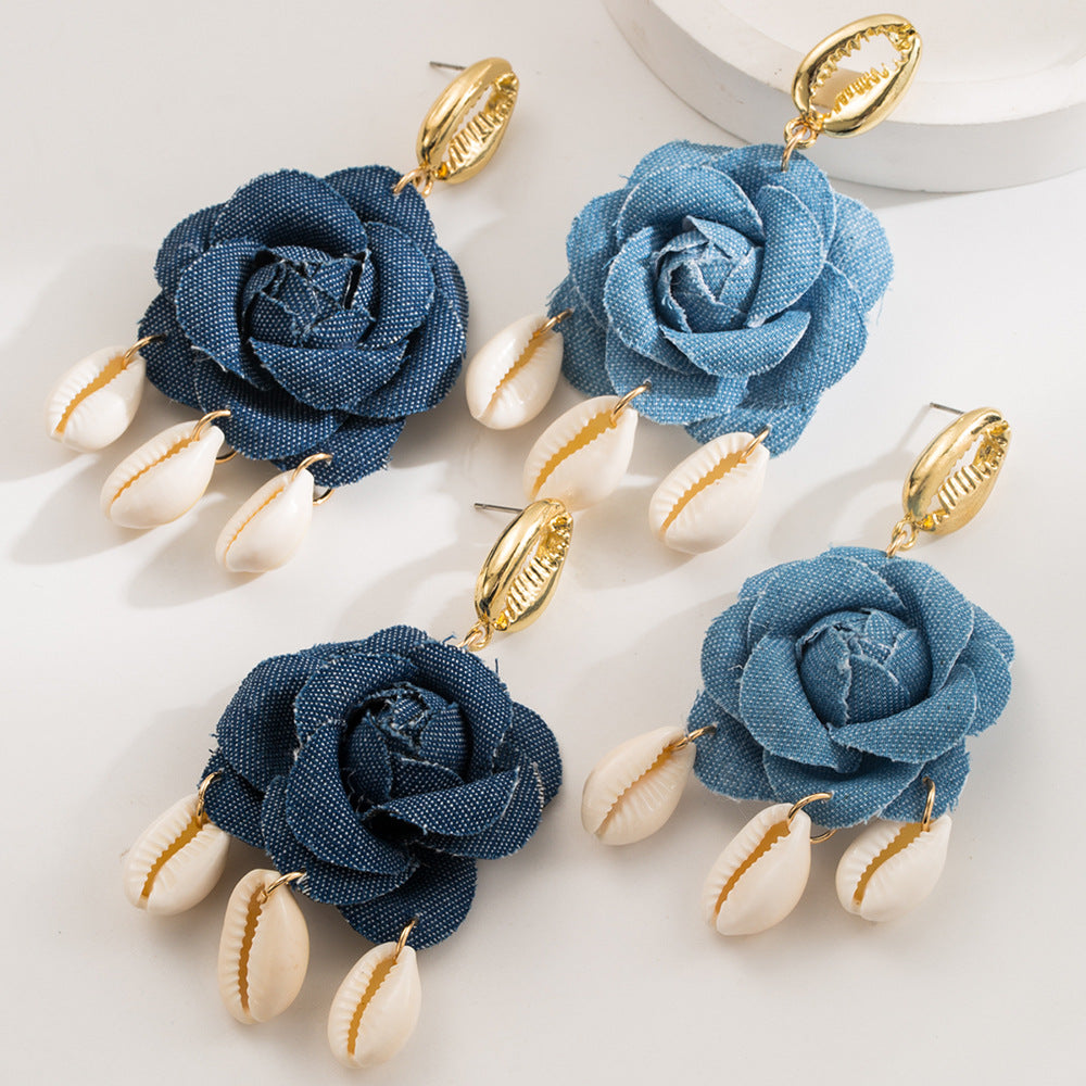 Denim Rose Cowrie Shell Drop Earrings - view 1