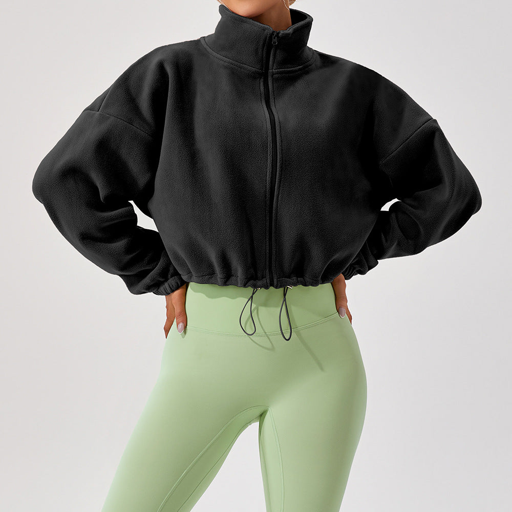 Cropped Funnel Neck Drawstring Zip Jacket - Black
