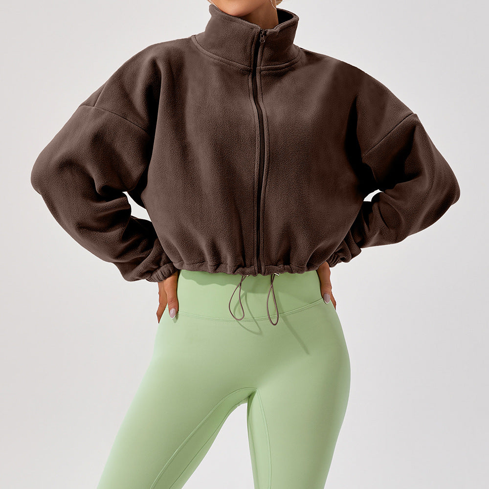 Cropped Funnel Neck Drawstring Zip Jacket - Brown