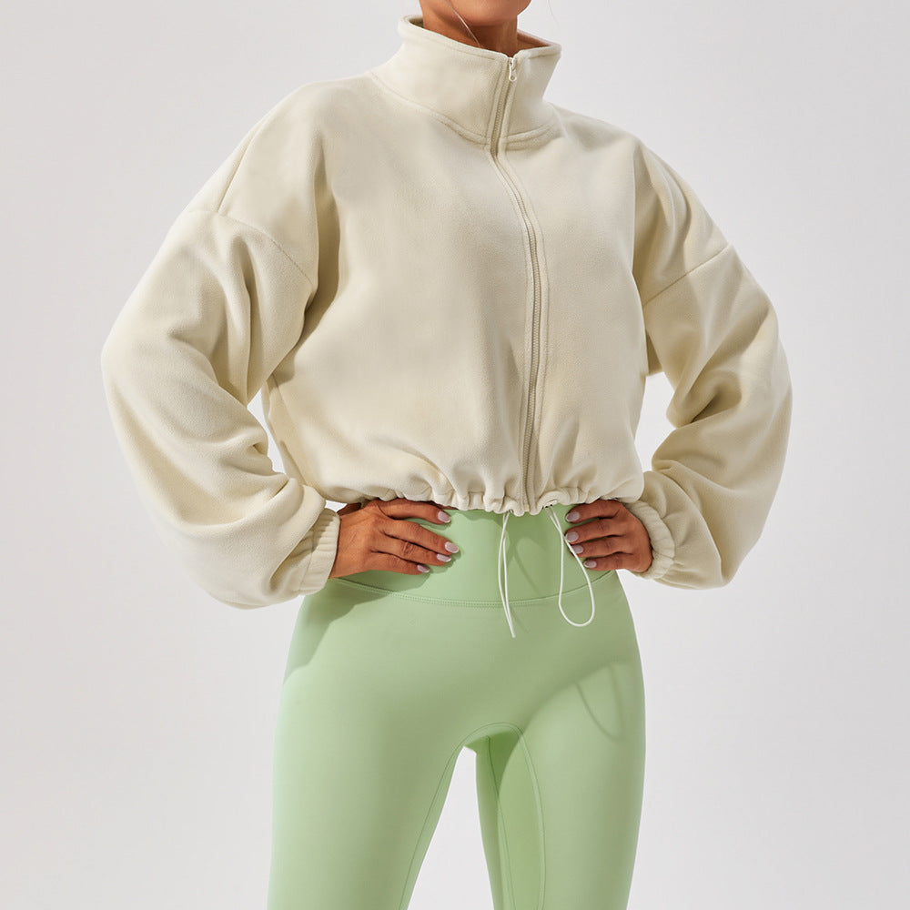 Cropped Funnel Neck Drawstring Zip Jacket - Cream
