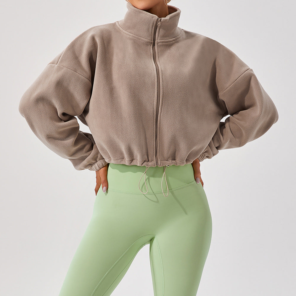 Cropped Funnel Neck Drawstring Zip Jacket - Khaki