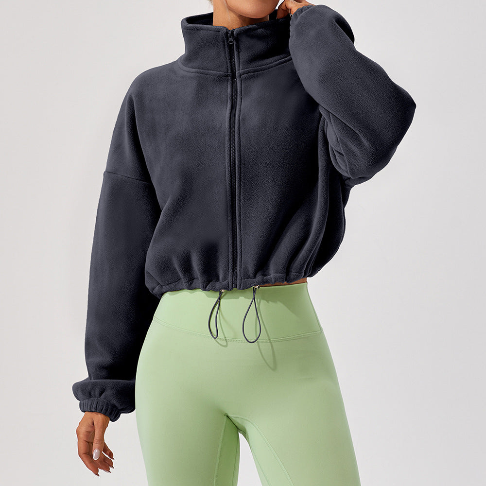 Cropped Funnel Neck Drawstring Zip Jacket - Navy