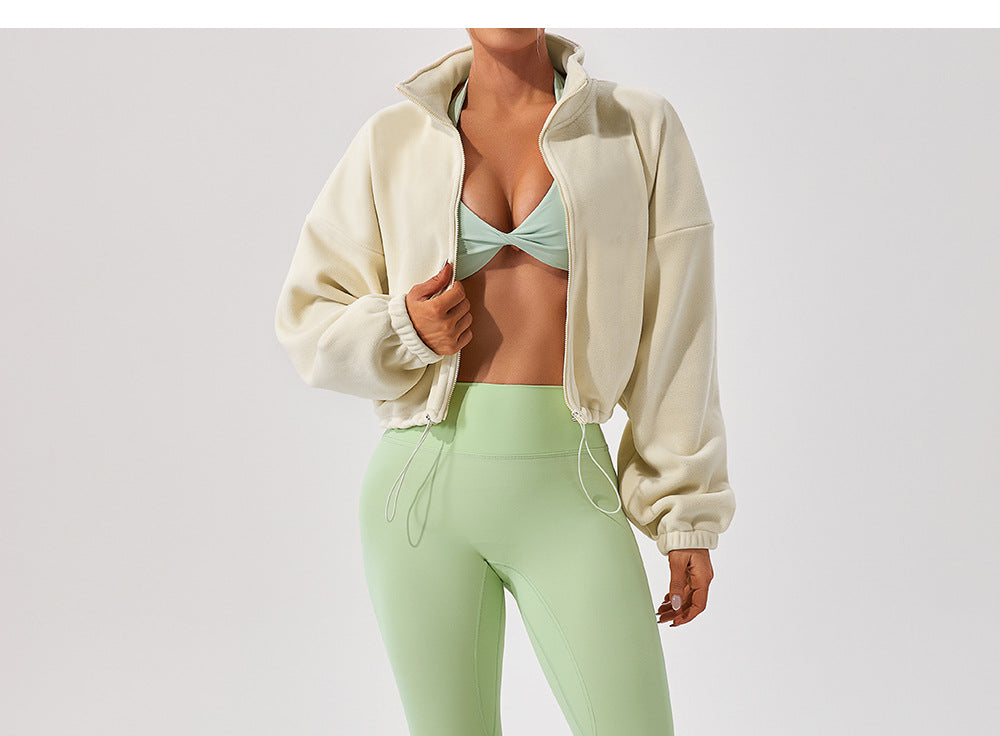 Cropped Funnel Neck Drawstring Zip Jacket