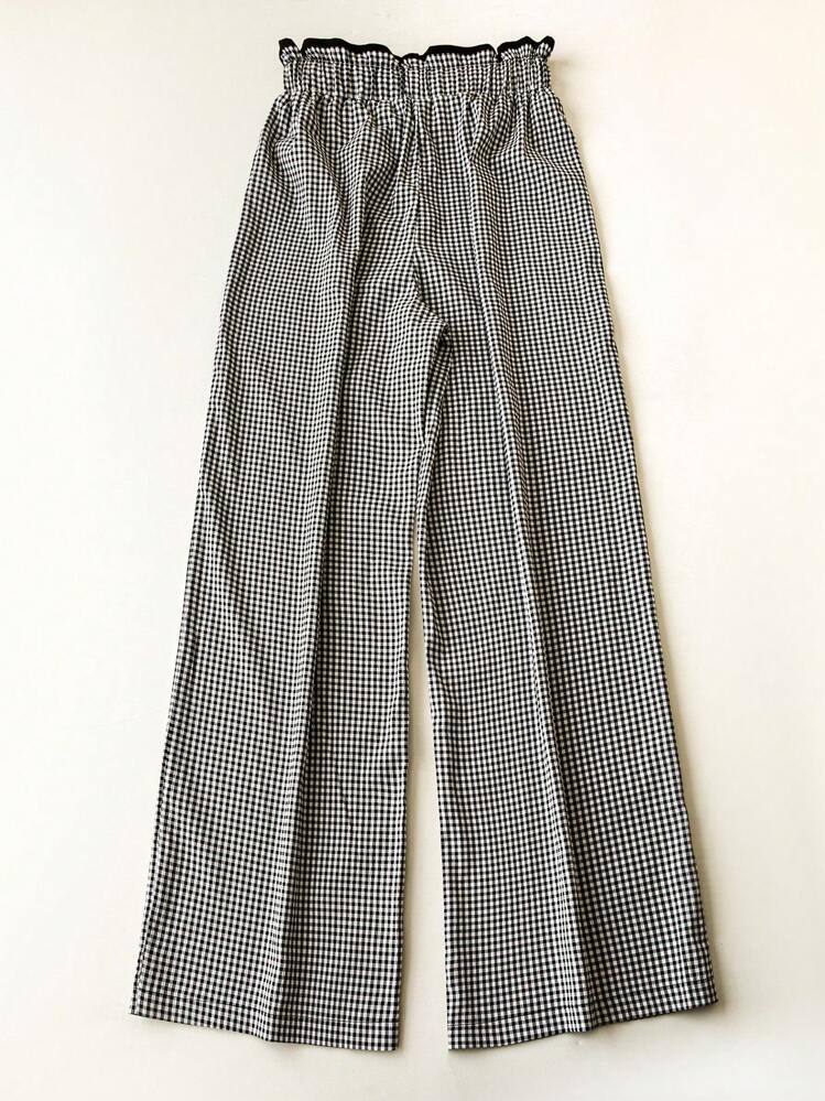 Gingham Drawstring Paperbag Wide Leg Pants - Black
