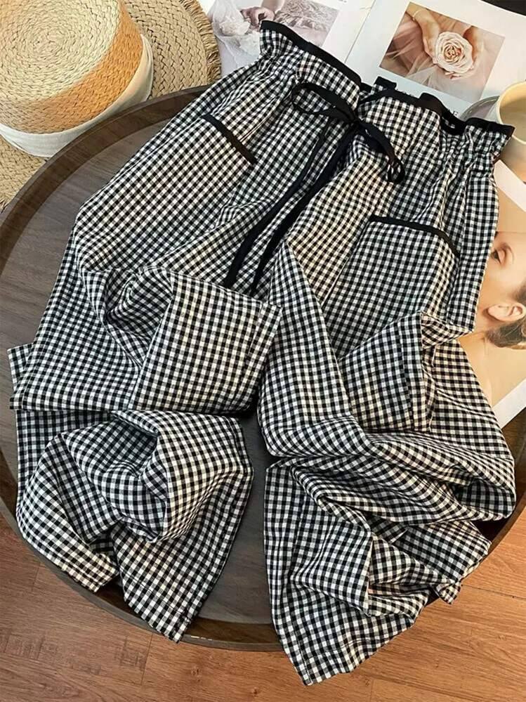 Gingham Drawstring Paperbag Wide Leg Pants - Black - 1